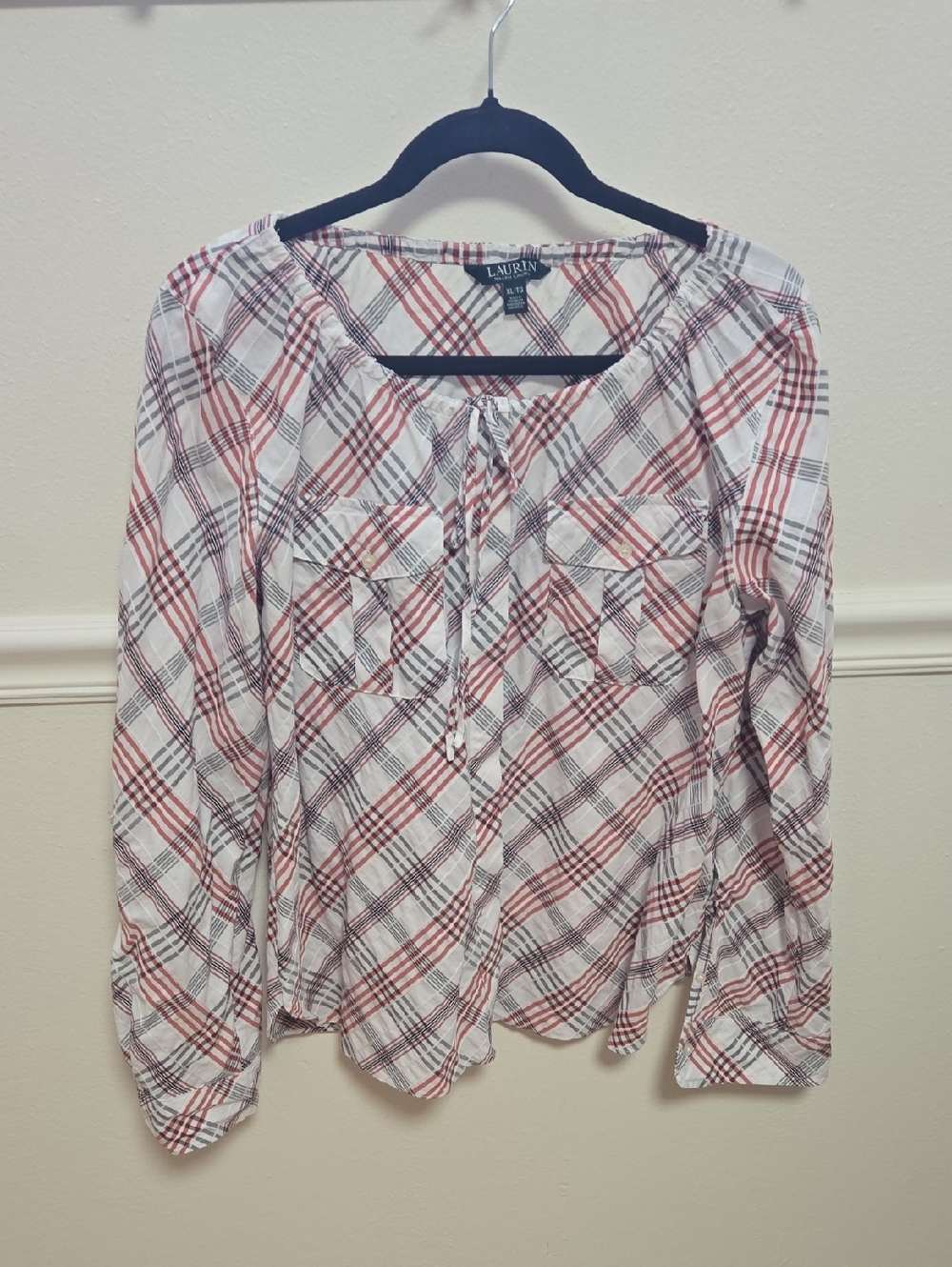 Lauren Ralph Lauren White Plaid Peasant Blouse with Red and Gray Stripes